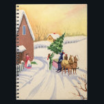 Cuaderno Vintage Christmas Tree on a Snowley Winter Road<br><div class="desc">Ilustracion Vintage Diseño navideño de Feliz Navidad con una carretera cubierta de nieve durante la temporada invernal. Una familia está trayendo a casa un pino recién cortado o un árbol navideño de abetos en un trineo tirado por un caballo.</div>