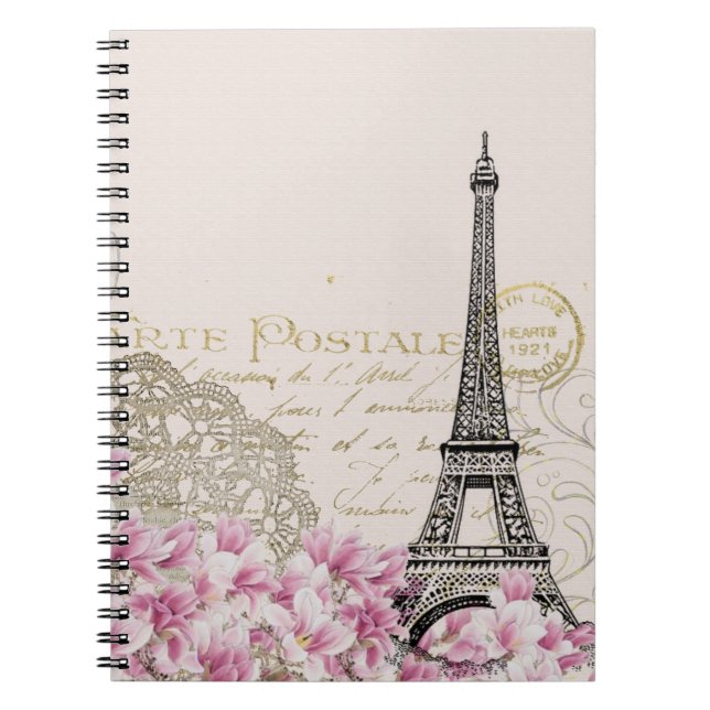 Cuaderno Vintage Eiffel Tower Collage with Pink Wildflowers (Frente)