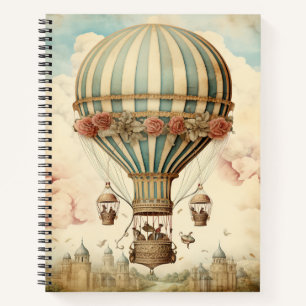 Cuaderno Vintage Floral Blue Stripe Hot Air Balloon