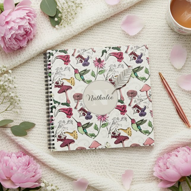 Cuaderno Vintage Floral Hummingbird Pattern Ivory (Pretty Colibri & Flowers Ivory Pattern.Feminine Monogram Square Hummingbird Garden Notebook for Her)