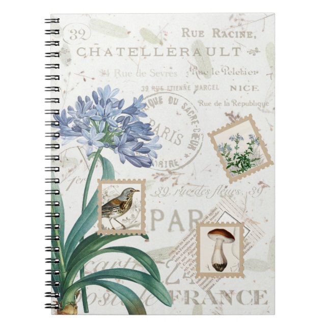 Cuaderno Vintage French Script Nature Flower Bird Mushroom (Frente)