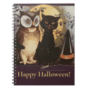 Cuaderno Vintage Halloween Black Cat & Owl Witch Hat