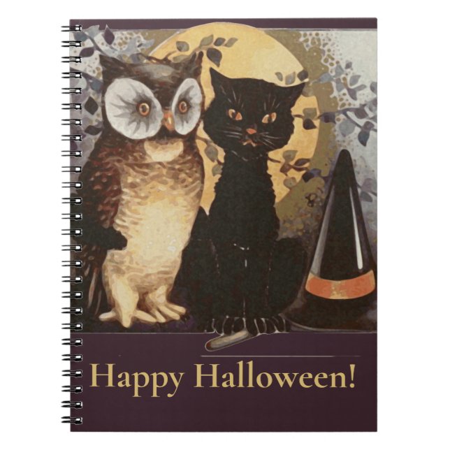 Cuaderno Vintage Halloween Black Cat & Owl Witch Hat (Frente)