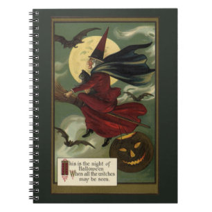 Cuaderno Vintage Halloween Witch Riding Broomstick con gato