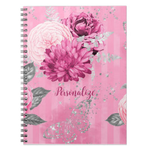 Cuaderno Vintage Roses rosados Purpurina Plata Mariposa