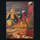 Cuaderno Vintage Science Ficción Futurista City Volador Aut<br><div class="desc">Imagen de ficción de ilustracion de viajes y transporte con historietas clásicas retro de ciencia ficción en un entorno urbano con una ciudad del futuro. Los edificios arquitectónicos tienen forma de conos y los vehículos vuelan en el cielo como pájaros mientras las multitudes se mueven a través de la metrópolis....</div>