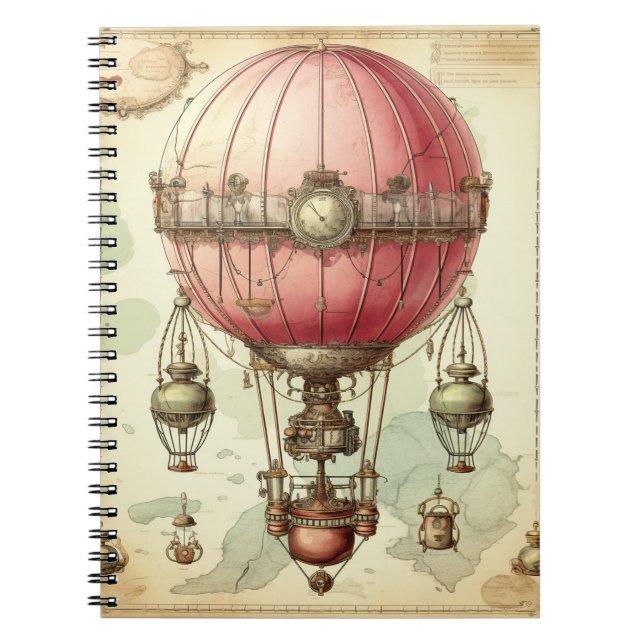Cuaderno Vintage Steampunk Pink Hot Air Balloon (2) (Frente)