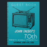 Cuaderno Vintage TV 70th Birthday Party Guest Book<br><div class="desc">Ilustracion vintage de televisor. Personalizable libro de invitados de 70 años. Puede cambiar fácilmente el texto (fuente, tamaño, color y posición) y el color de fondo haciendo clic en el botón personalizar o personalizar. Disponible en portada dura. Cumpleaños coincidente guardar la fecha (postal), la placa de papel de cumpleaños y...</div>