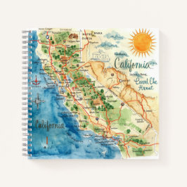Cuaderno Vintage Watercolor California Travel Map Art