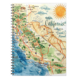 Cuaderno Vintage Watercolor California Travel Map Art