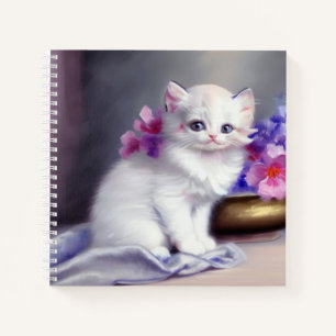 Cuaderno Vintage White Kitten with Pink and Purple Flowers