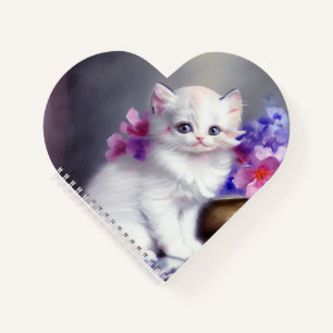 Cuaderno Vintage White Kitten with Pink and Purple Flowers