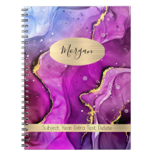 Cuaderno Violeta roja, tinta azul y dorada Resumen, nombre/
