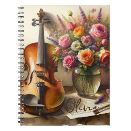 Cuaderno Violín, música de chapa y una bolsa de flores