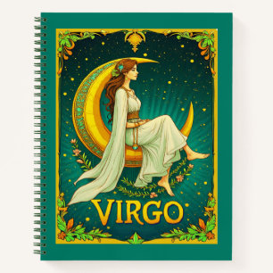 Cuaderno Virgo Maiden sentado en el periódico Crescent Moon