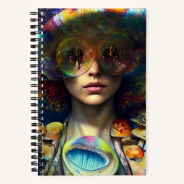 Cuaderno Visiones de hongos Trippy Retro Mujer AI generada (Anverso)