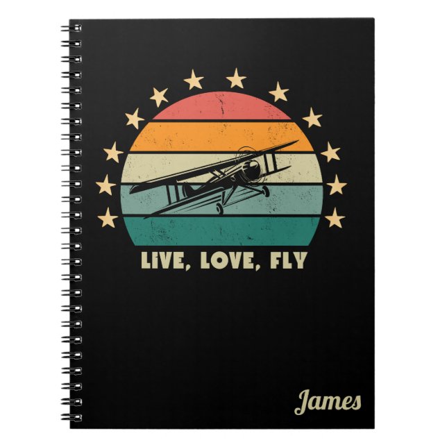 Cuaderno "Vive Ama Vuela" Texto, Avión Vintage Atardecer Re (Frente)