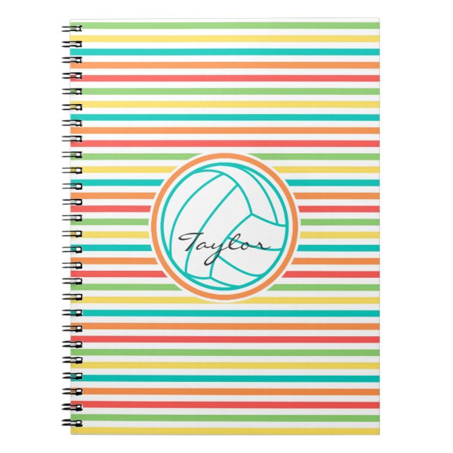 Cuaderno Voleibol con nombre; franjas de arco iris brillant (Frente)