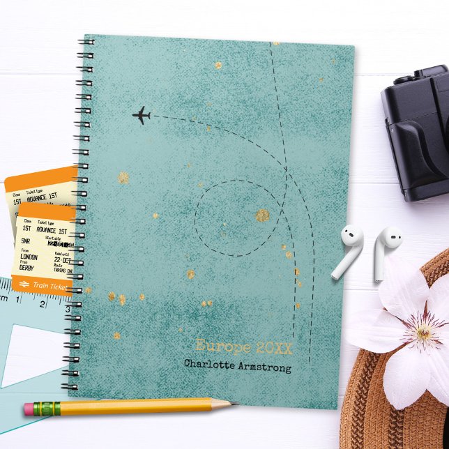 Cuaderno Wanderlust Name Airplane Green Blue Gold Travel (Wanderlust Name Airplane Green Blue Gold Travel Notebook ©Susanne Sachers - Sunny Wanderlust 🌞✈️)
