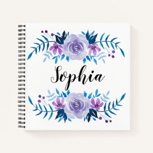 Cuaderno Watercolor Azul Púrpura Floral Wreath Personalizad