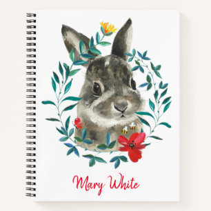 Cuaderno Watercolor Baby Rabbit Floral Wreath Personalizado