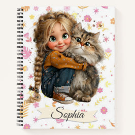 Cuaderno Watercolor Cute Quirky Girl with a Cat