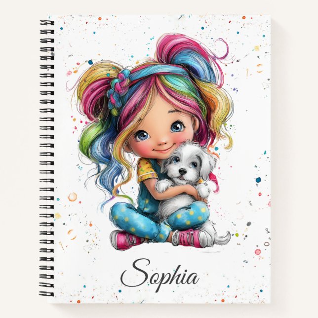 Cuaderno Watercolor Cute Quirky Girl with Puppy (Anverso)