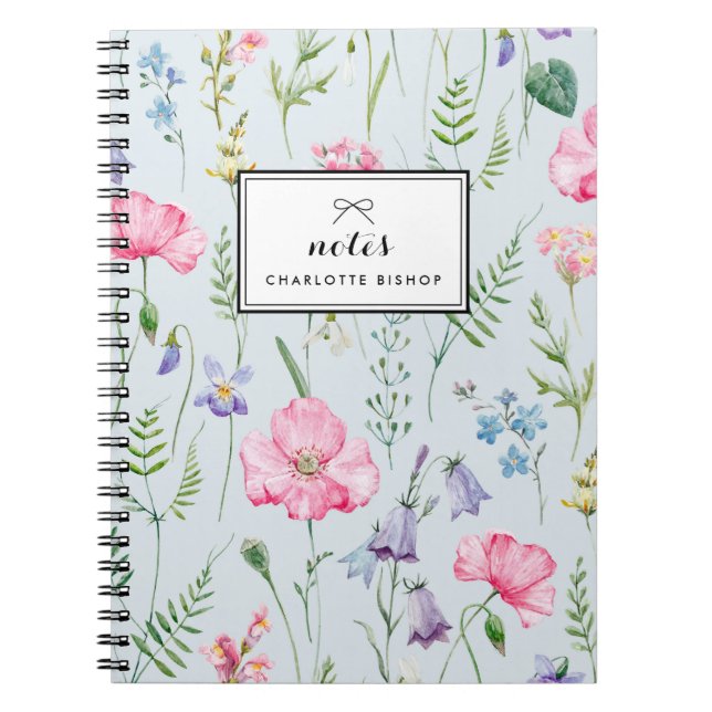 Cuaderno Watercolor Delicate Flowers Foliage Pattern Blue (Frente)