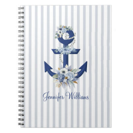 Cuaderno watercolor floral blue nautical stripes name