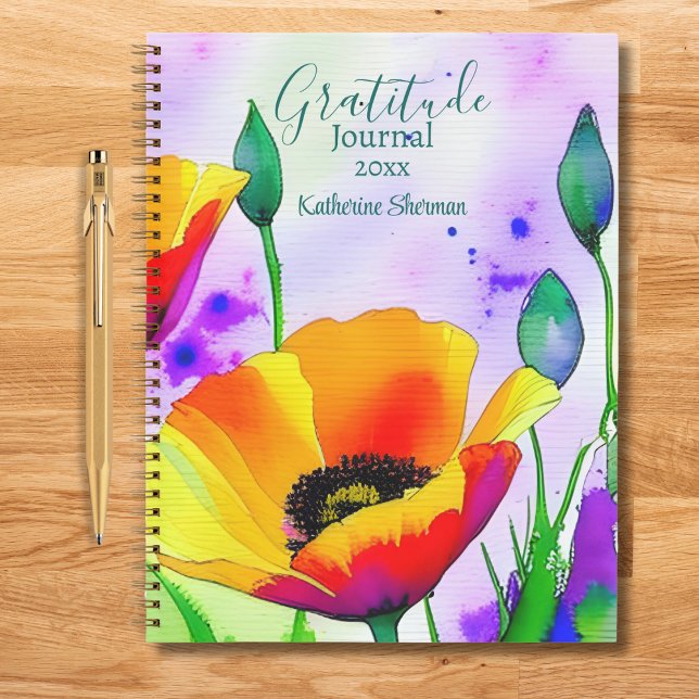 Cuaderno Watercolor Floral California Poppies Gratitude (Gratitude Journal: Write down what you're grateful for, improve your life. Add your name and year.)