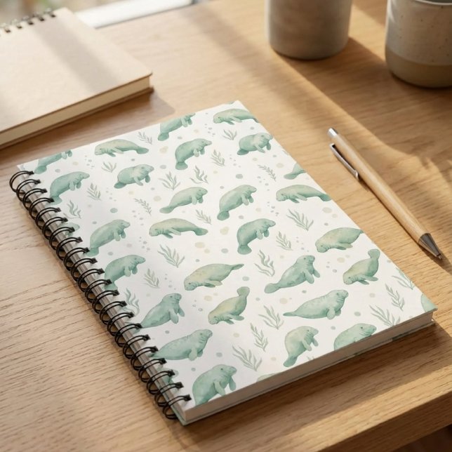 Cuaderno Watercolor Manatee Notebook (watercolor spiral notebook with manatee pattern on wooden desk)