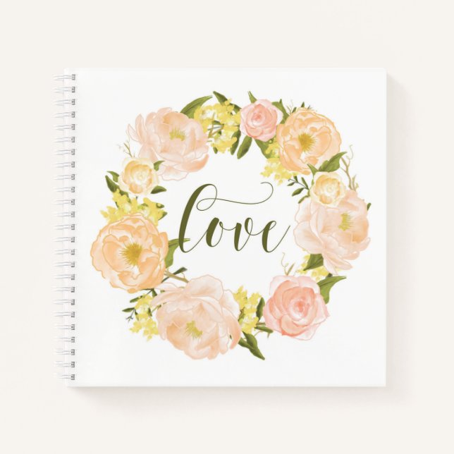 Cuaderno Watercolor Pastel Naranja Peonies Wreath Love (Anverso)