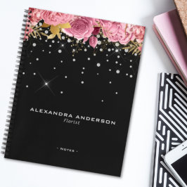 Cuaderno Watercolor Pink Flowers Floral Diamond Glitter