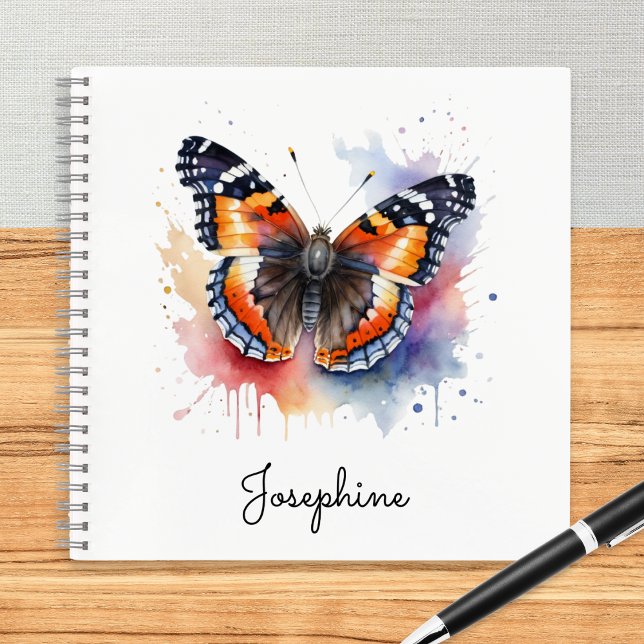 Cuaderno Watercolor Red Admiral Butterfly Personalized (A personalized notebook featuring an illustration of a red admiral butterfly in a watercolor style)
