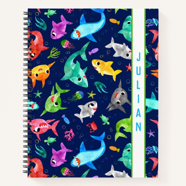 Cuaderno Watercolor Shark Family Adorable Personalizado (Anverso)
