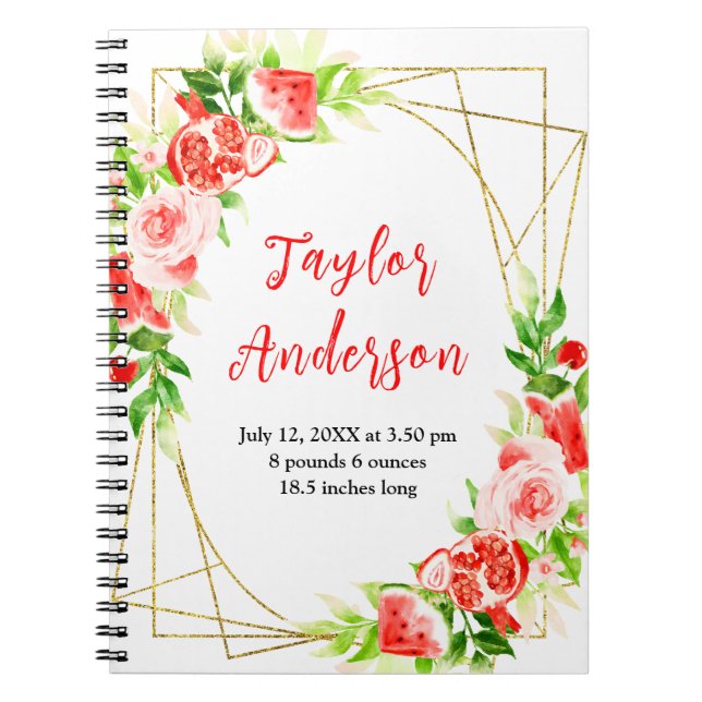 Cuaderno Watermelon and Pomegranate Baby Birth Stats (Frente)