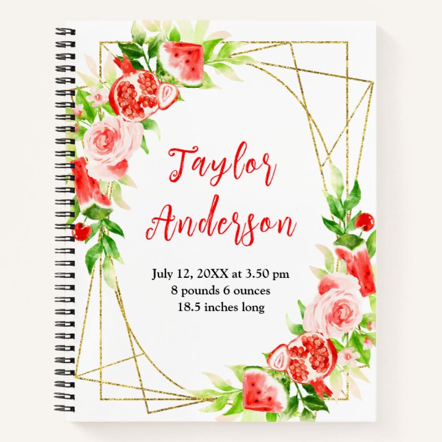 Cuaderno Watermelon and Pomegranate Baby Birth Stats (Anverso)