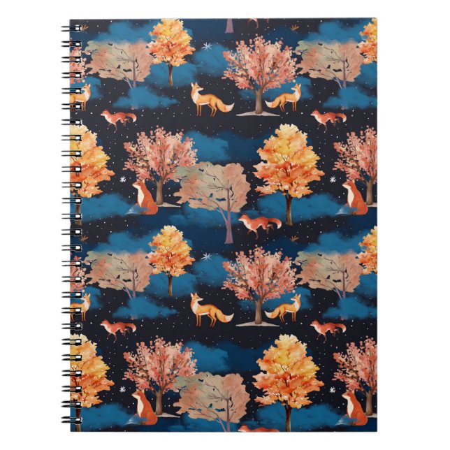 Cuaderno Whimsical Autumn Fox Night Forest Seamless Pattern (Frente)