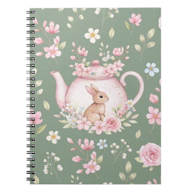 Cuaderno Whimsical Bunny Teapot Floral Spring Notebook (Frente)