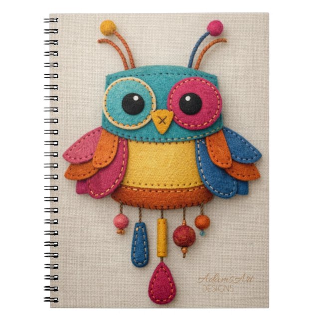 Cuaderno Whimsical Felt Owl Notebook – Colorful Handmade (Frente)