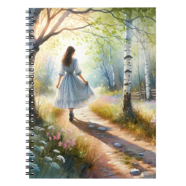 Cuaderno Whimsical Girl Dancing Through Birch Forest (Frente)