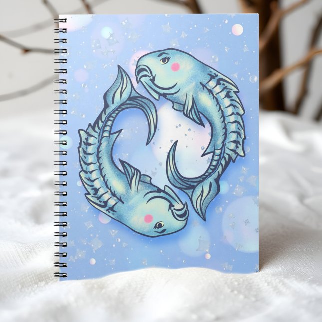 Cuaderno Whimsical Pisces Fish Dreamy Girly Sea Green Blue (Whimsical Pisces fish notebook with dreamy sea colors, blush cheeks, and sparkling bubbles.)