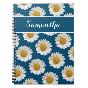 Cuaderno White Daisies on Blue with Custom Name