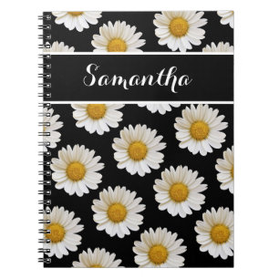 Cuaderno White Daisises on Black con nombre personalizado