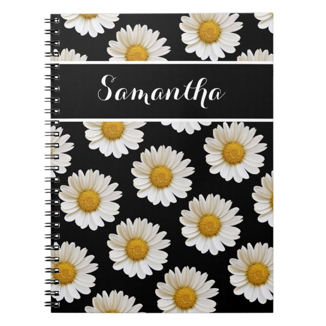 Cuaderno White Daisises on Black con nombre personalizado (Frente)