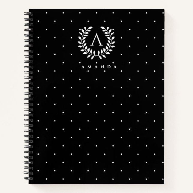 Cuaderno White On Black Laurel Monogram Polka Dot Pattern (Anverso)