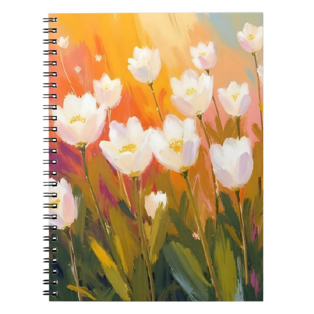 Cuaderno White Tulips Watercolor Flower Field Painting (Frente)