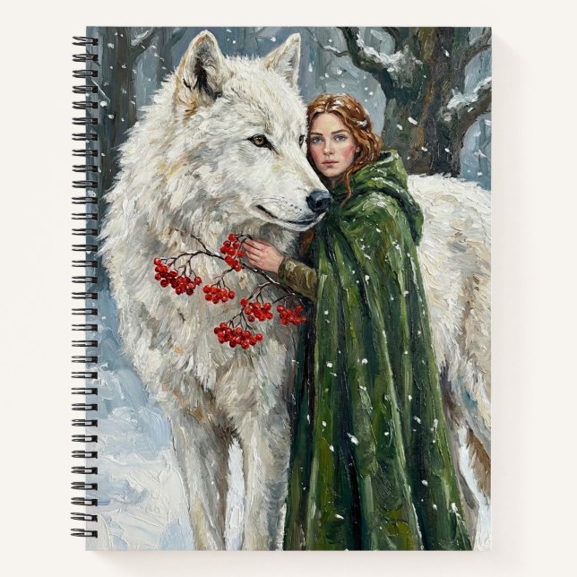 Cuaderno White Wolf Redhead Druid Winter Berries Fantasy Ar (Anverso)