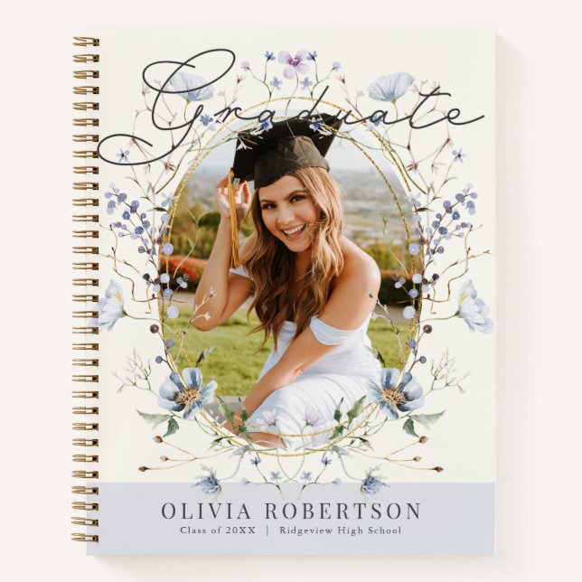 Cuaderno Wildflower Blue Floral Photo Graduation Guest Book (Anverso)