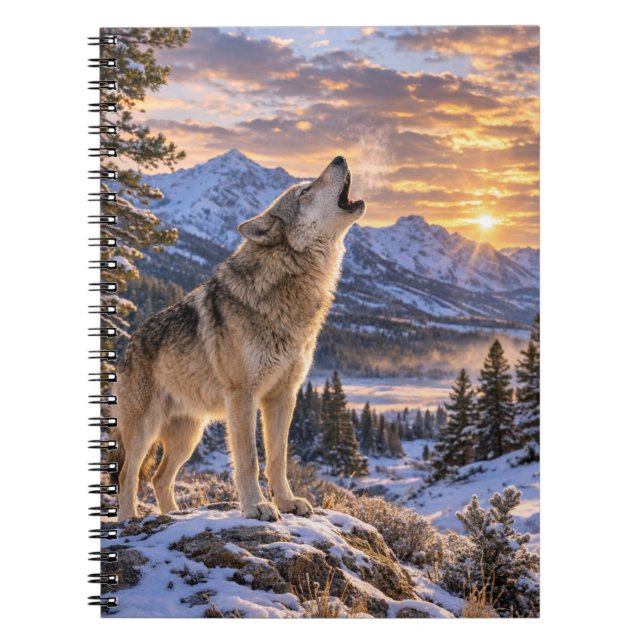 Cuaderno Wildlife Howling Gray Wolf Mountain Sunset Scene (Frente)